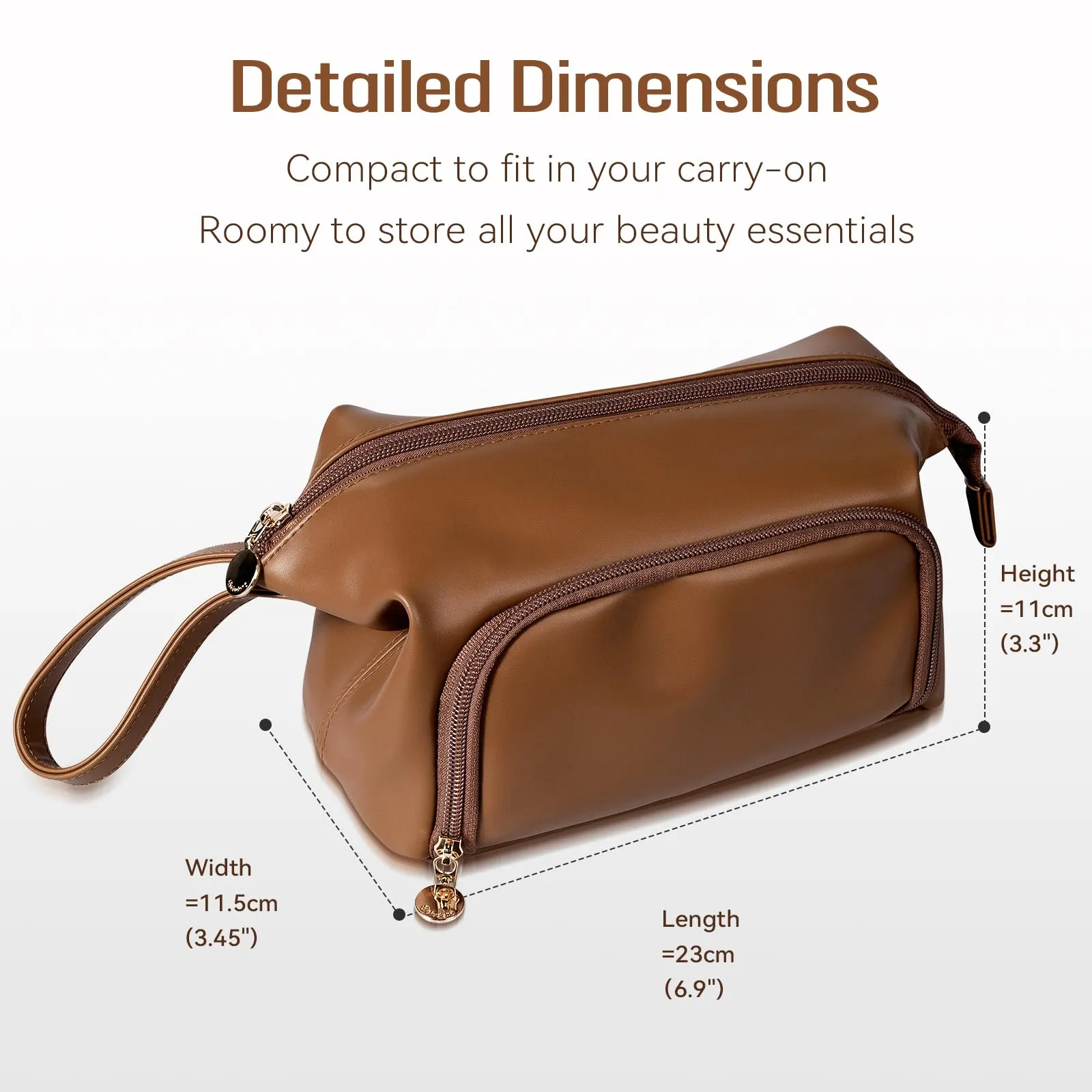 Abiudeng Makeup Bag for women,Toiletry Travel Makeup Bags Pouch with Brush Compartments, Large Portable Cosmetic Bag with Handle,Wide Open Cute Bag,PU Water-Resistant Makeup Bag-Brown