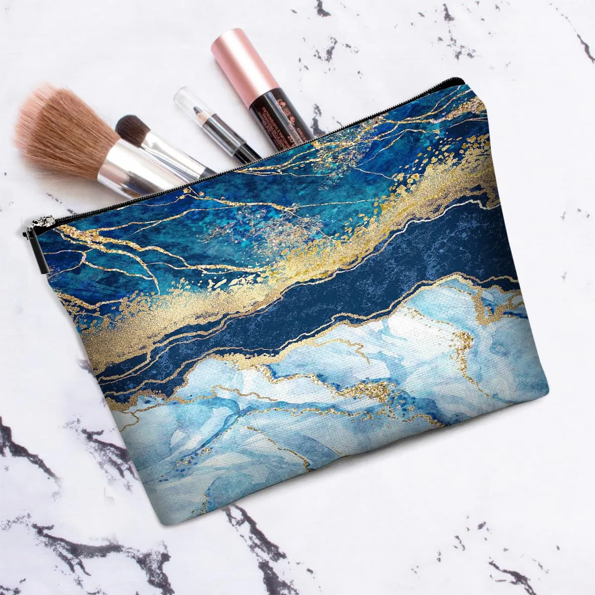 Blue Gold Marble Makeup Bag Travel Portable Cosmetic Pouch Waterproof Toiletry Organizer Storage Bag Zipper Pouch For Women Girls