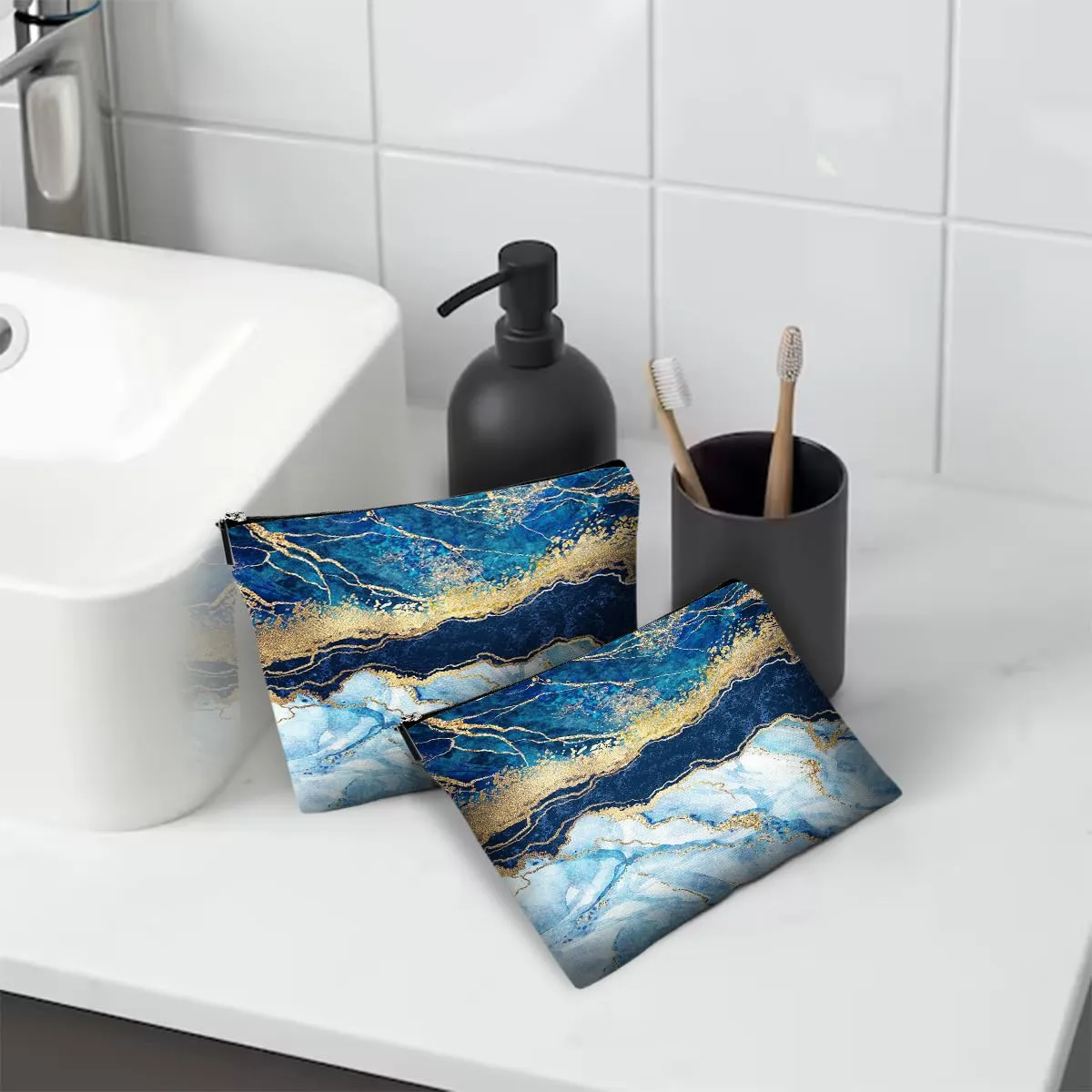 Blue Gold Marble Makeup Bag Travel Portable Cosmetic Pouch Waterproof Toiletry Organizer Storage Bag Zipper Pouch For Women Girls