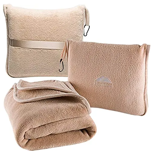 BlueHills Travel Blanket Pillow Premium Soft Plush for Airplane Travel Size Blanket Throw Long Flight Essentials in Compact Bag Plane Portable Lightweight Purple T021