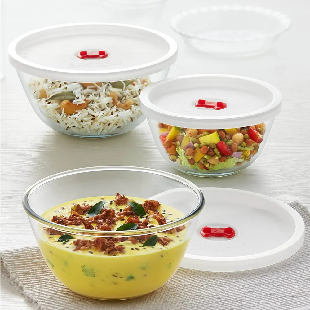 Borosil Glass Serving & Mixing Bowls with Lids, Oven & Microwave Safe Bowls, Set of 3 (500 ml   900 ml   1.3 L) Insulated Lunch Box, Set of 3, 280 ml x 2   180 ml (, Silver Grey)