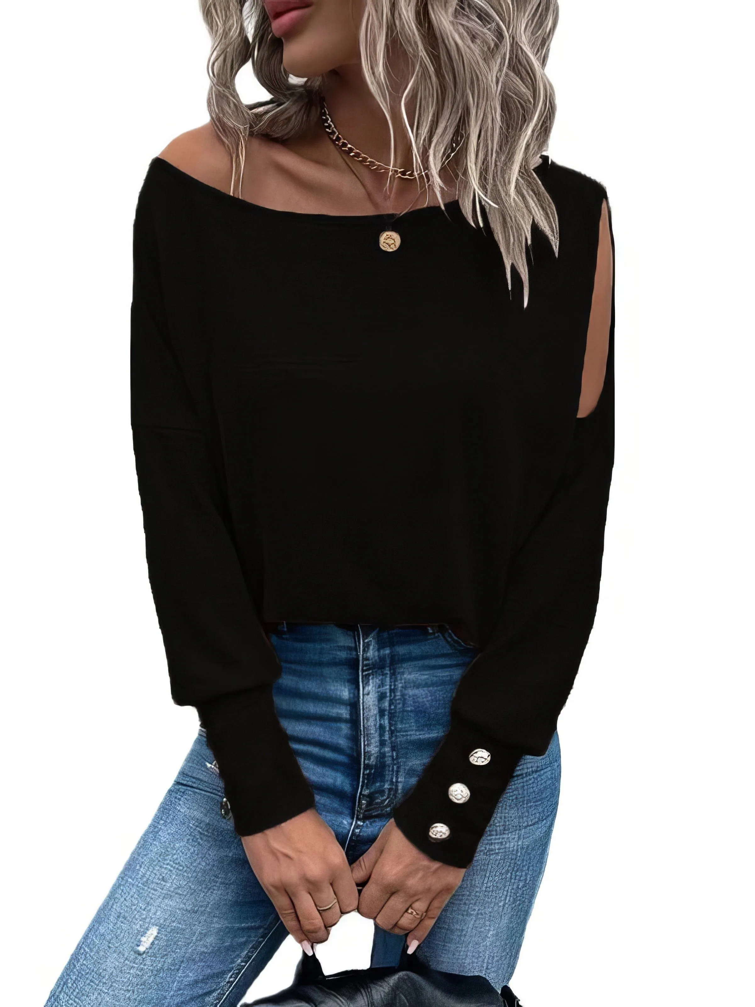 Button Cuff T-Shirt with Shoulder Cutout