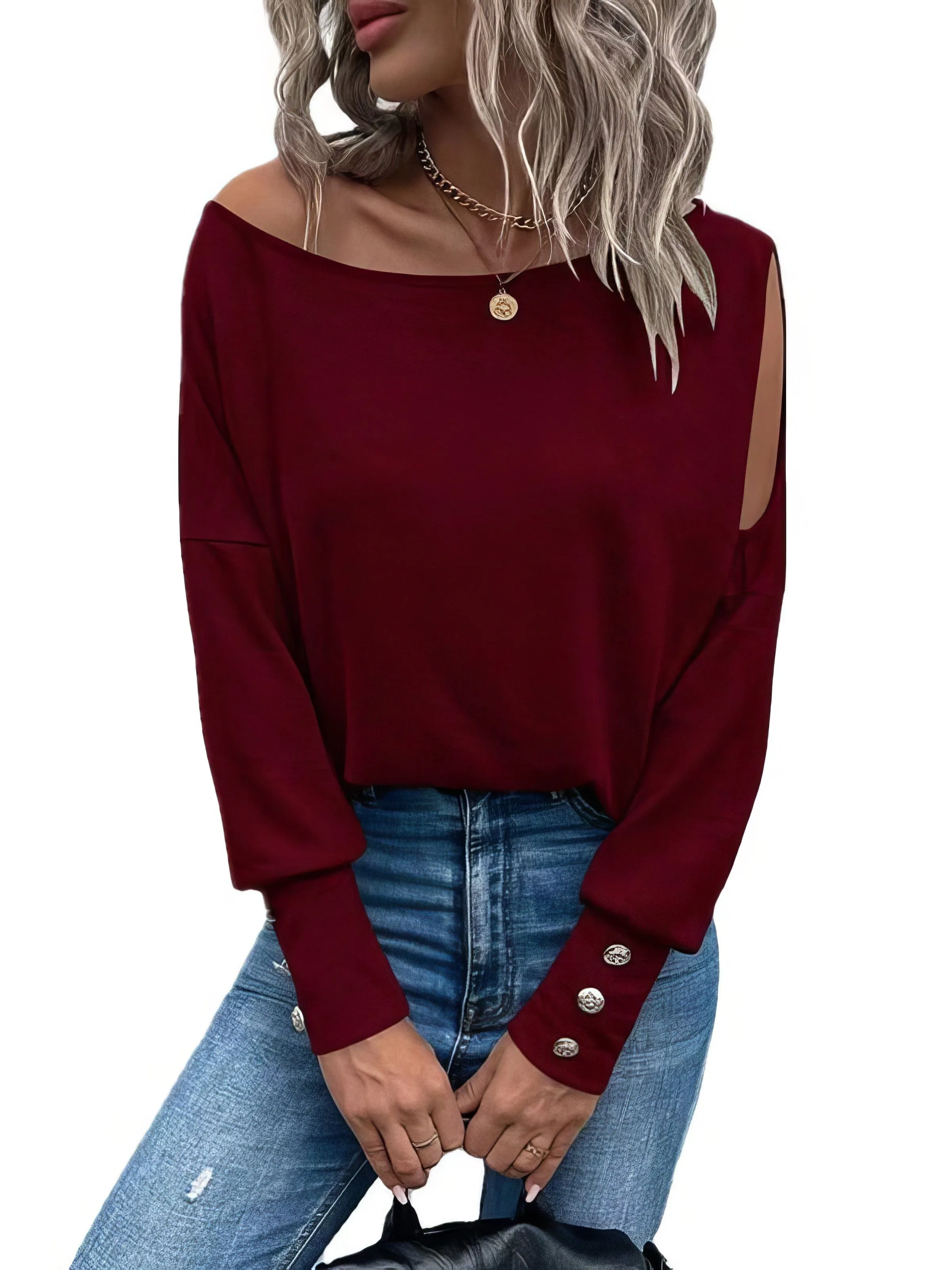 Button Cuff T-Shirt with Shoulder Cutout