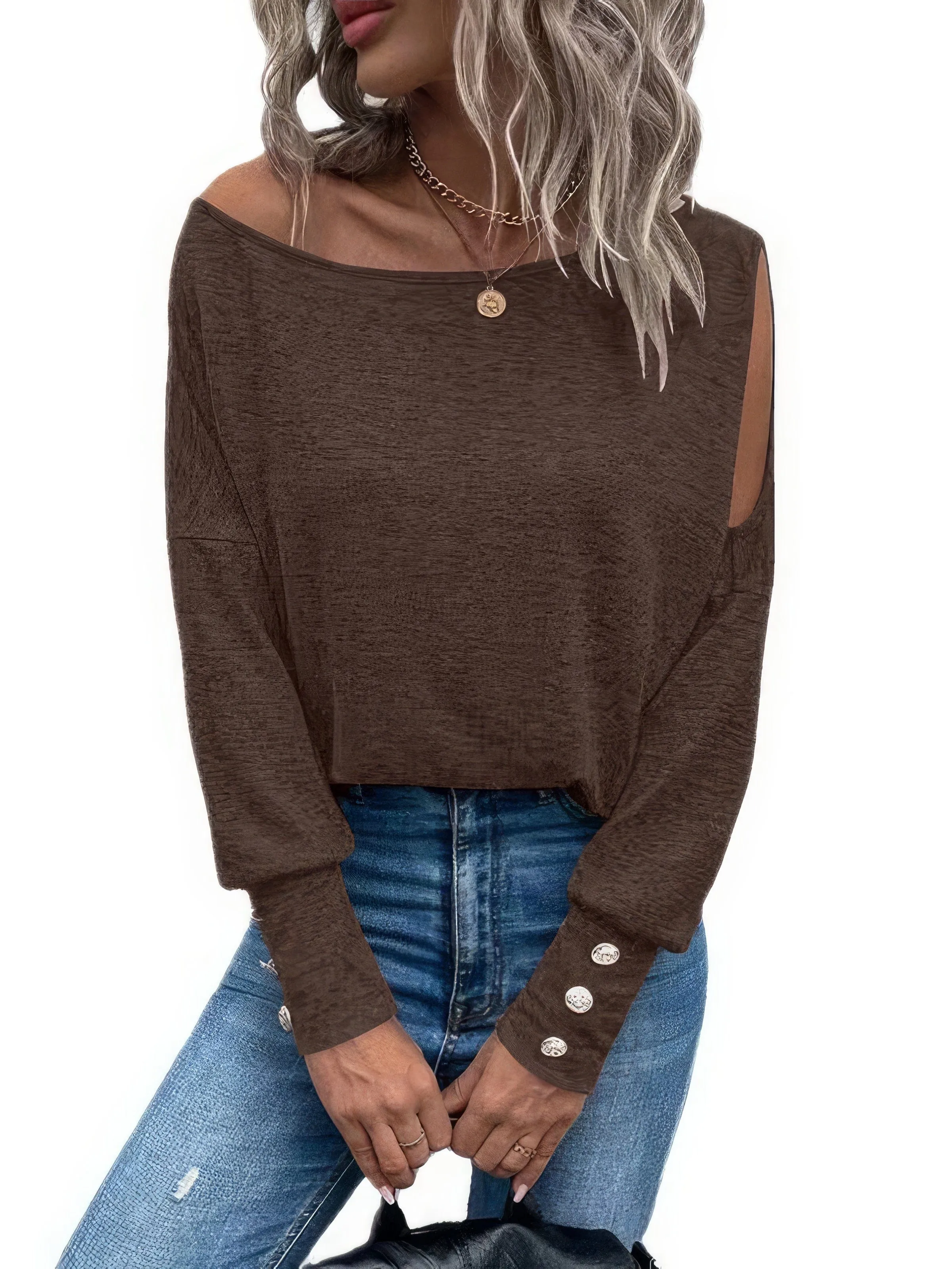 Button Cuff T-Shirt with Shoulder Cutout