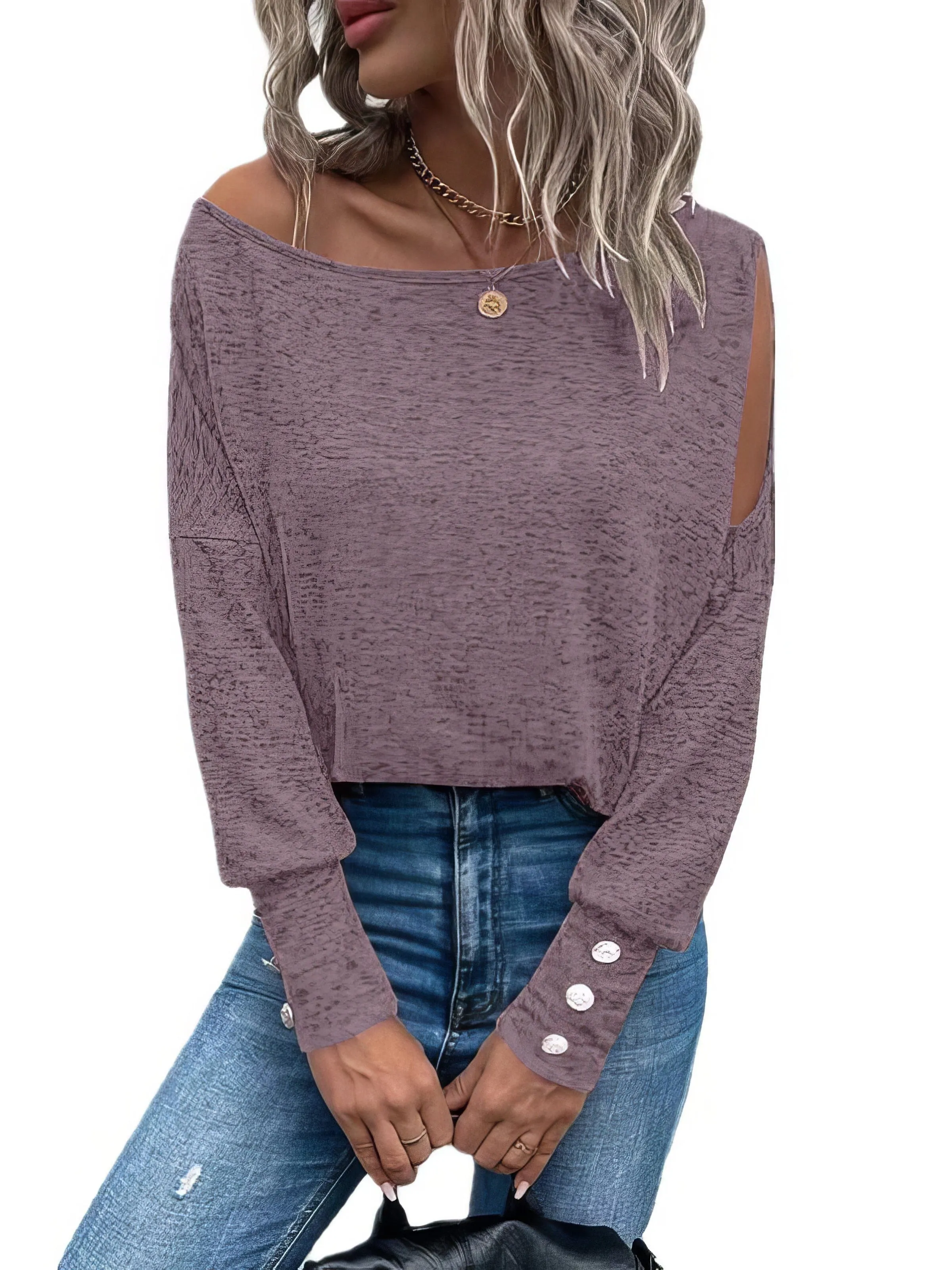 Button Cuff T-Shirt with Shoulder Cutout