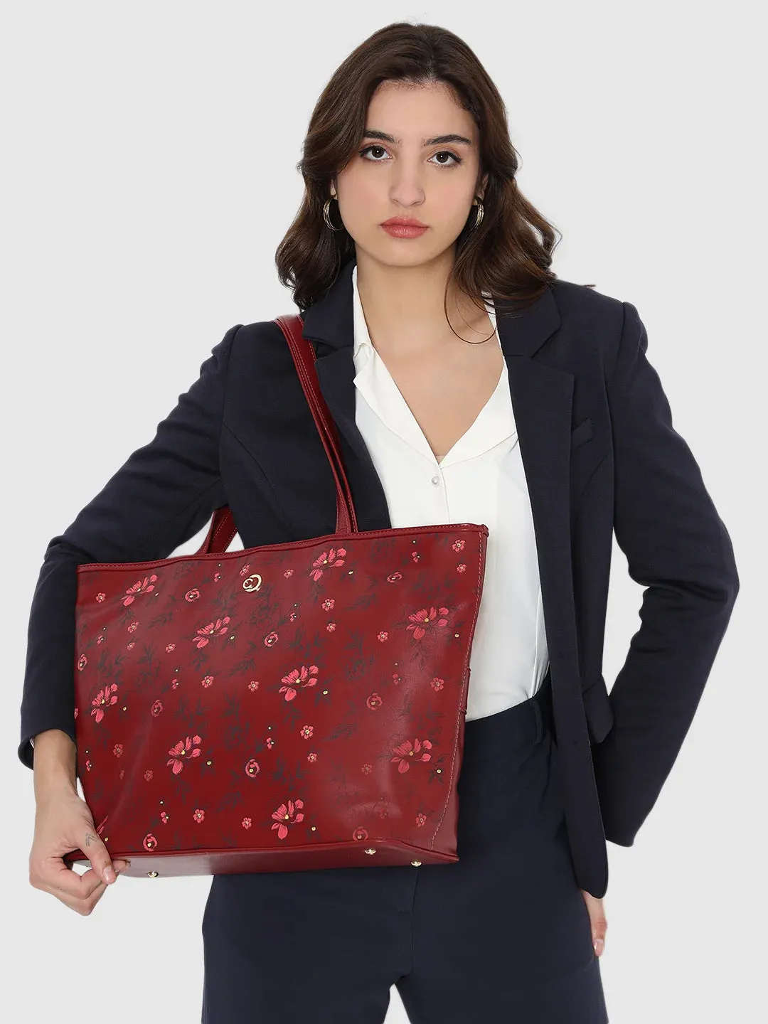 Caprese Snow Laptop Tote Large Printed Women'S Office Handbag Maroon