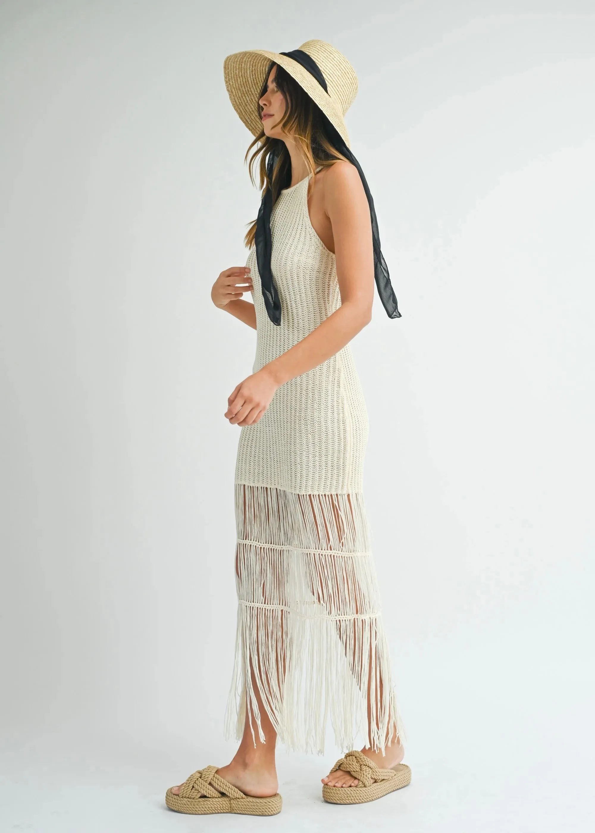 Crochet Knit Halter Fringe Midi Dress