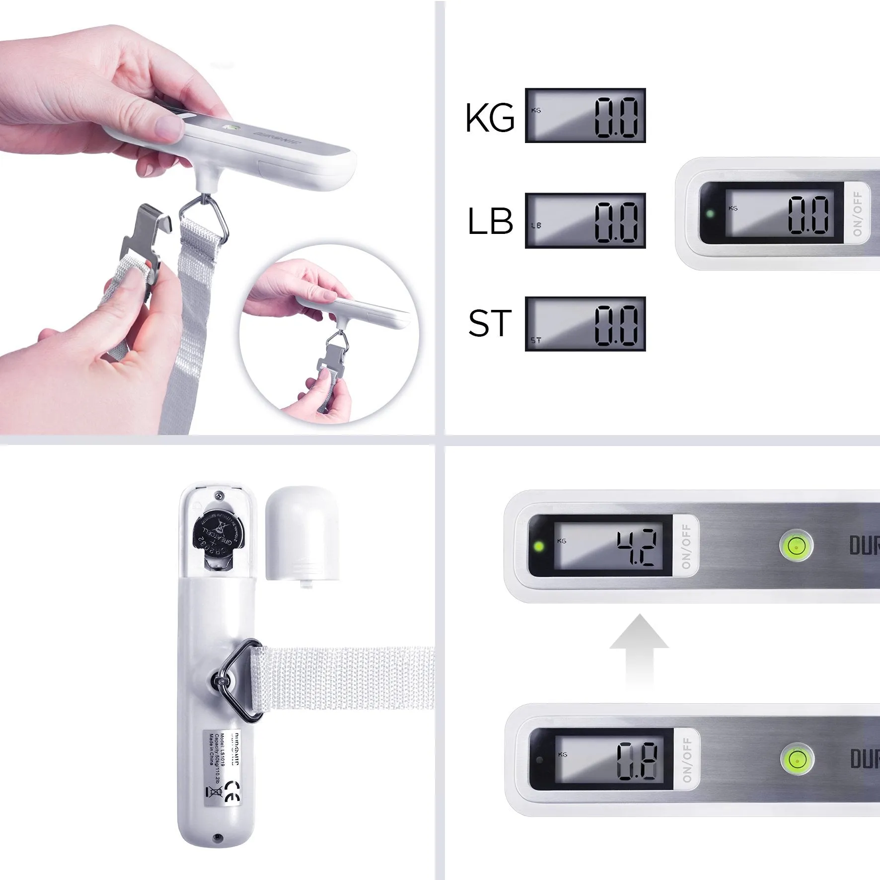 Duronic Digital Luggage Scales LS1019 | 50kg capacity | Weighs Suitcases and Bags | Compact & Portable | Strong Straps | For Air Travel | Battery Included