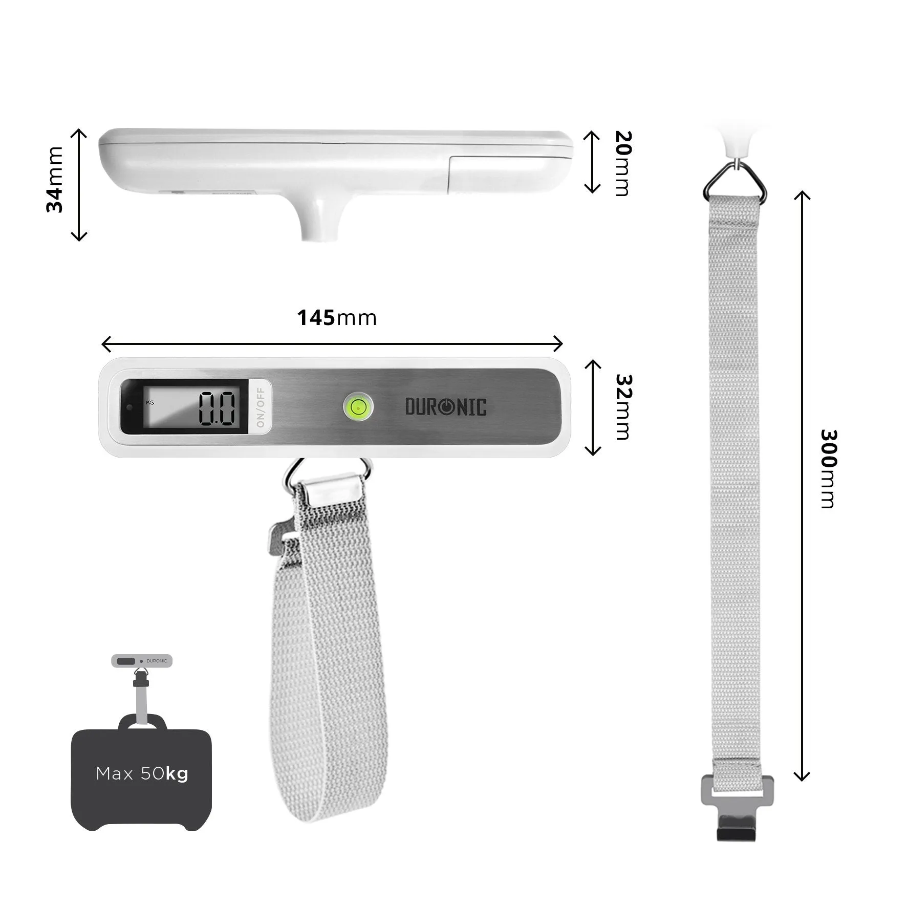 Duronic Digital Luggage Scales LS1019 | 50kg capacity | Weighs Suitcases and Bags | Compact & Portable | Strong Straps | For Air Travel | Battery Included