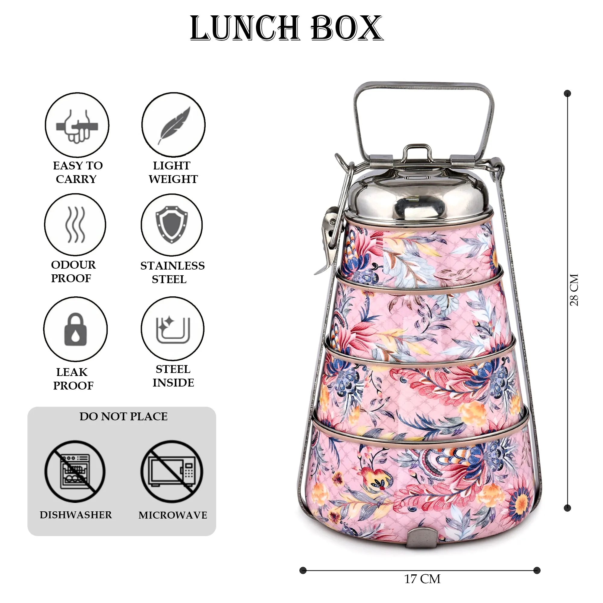 Elan Gingham & Blooms Stainless Steel Leak proof 4 Tier, Compartment Lunch, Tiffin Box (Nude, Printed)