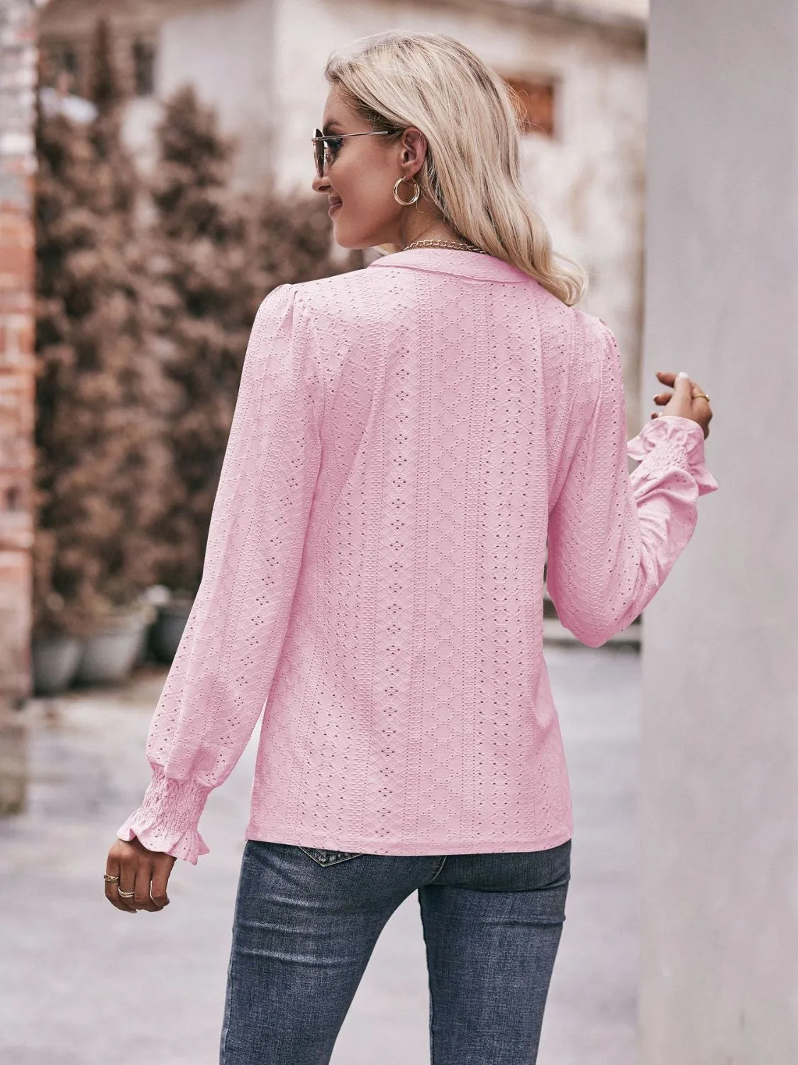 Eyelet Notched Neck Flounce Sleeve Blouse