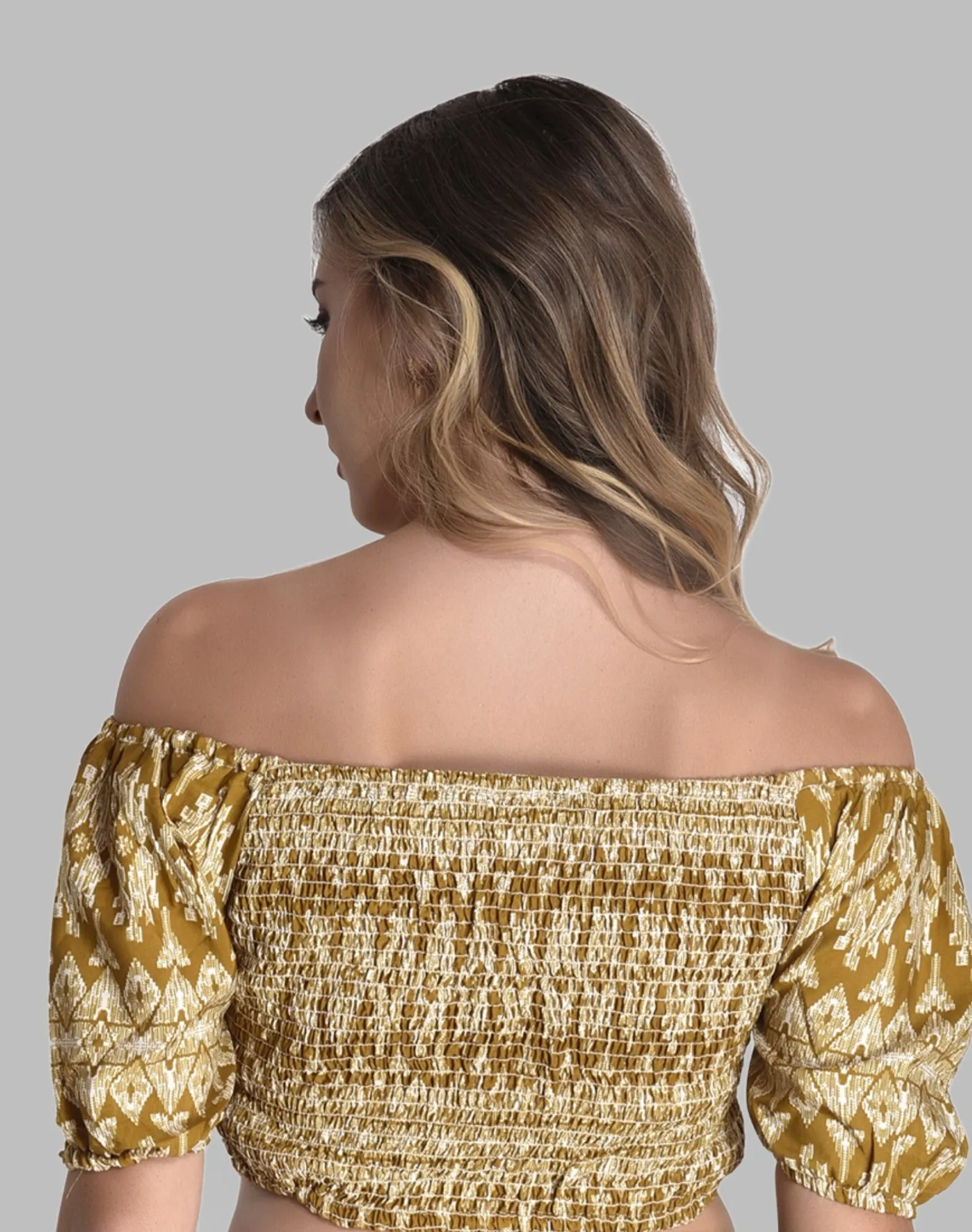 FIMS Fashion Women Crepe Mustard Off-Shoulder Crop Top Everyday Wear