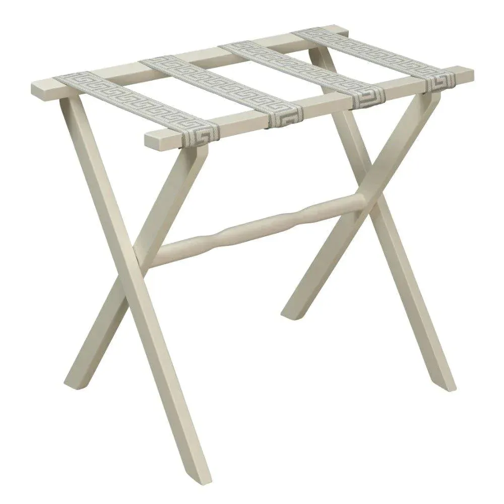 Ivory Straight Leg Wood Luggage Rack with 4 Seafoam & Natural Greek Key Straps