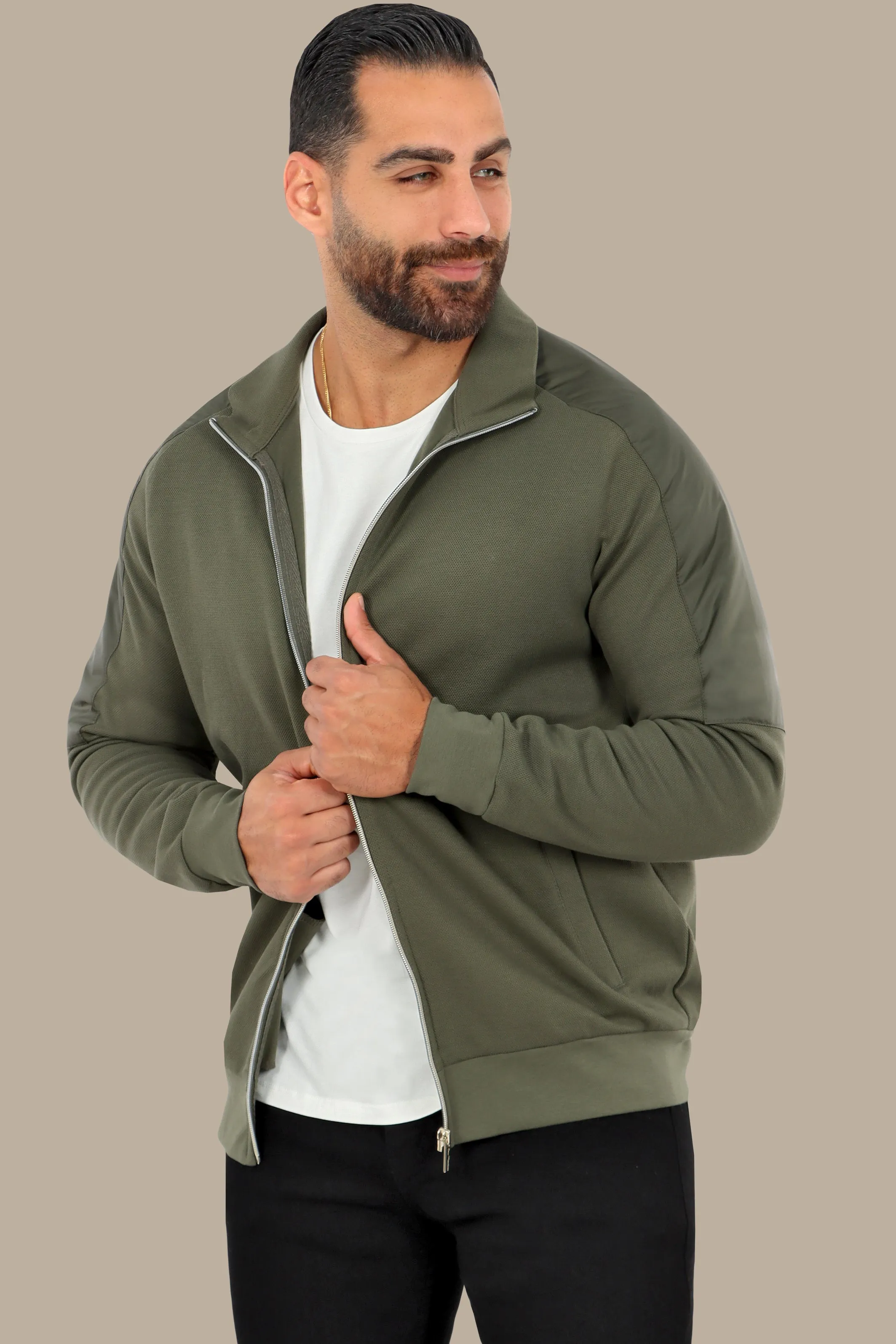 Khaki Full-Zip Cardigan with Mixed Shoulder Fabric