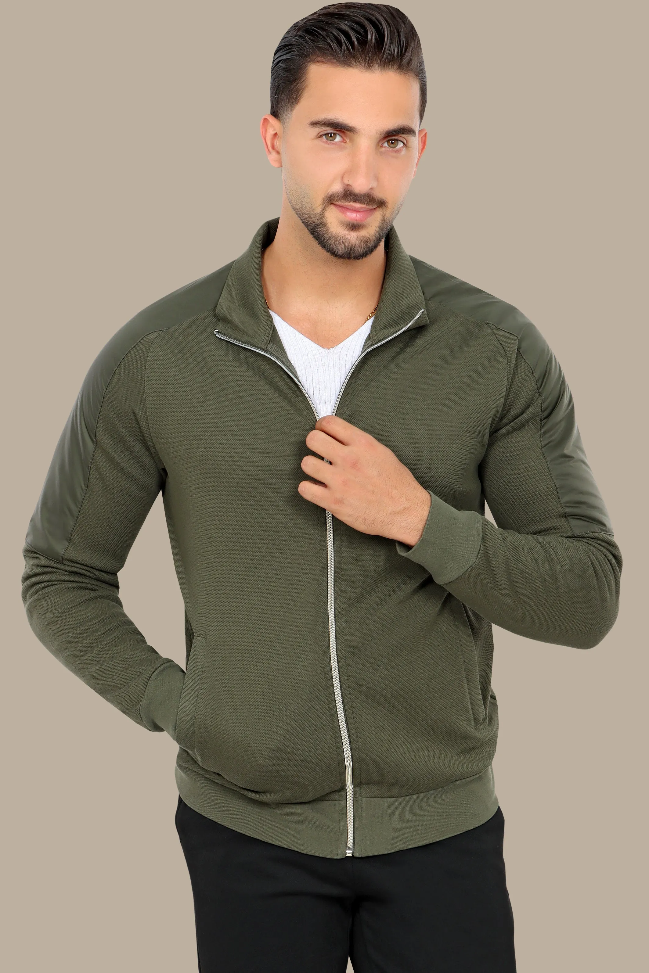 Khaki Full-Zip Cardigan with Mixed Shoulder Fabric