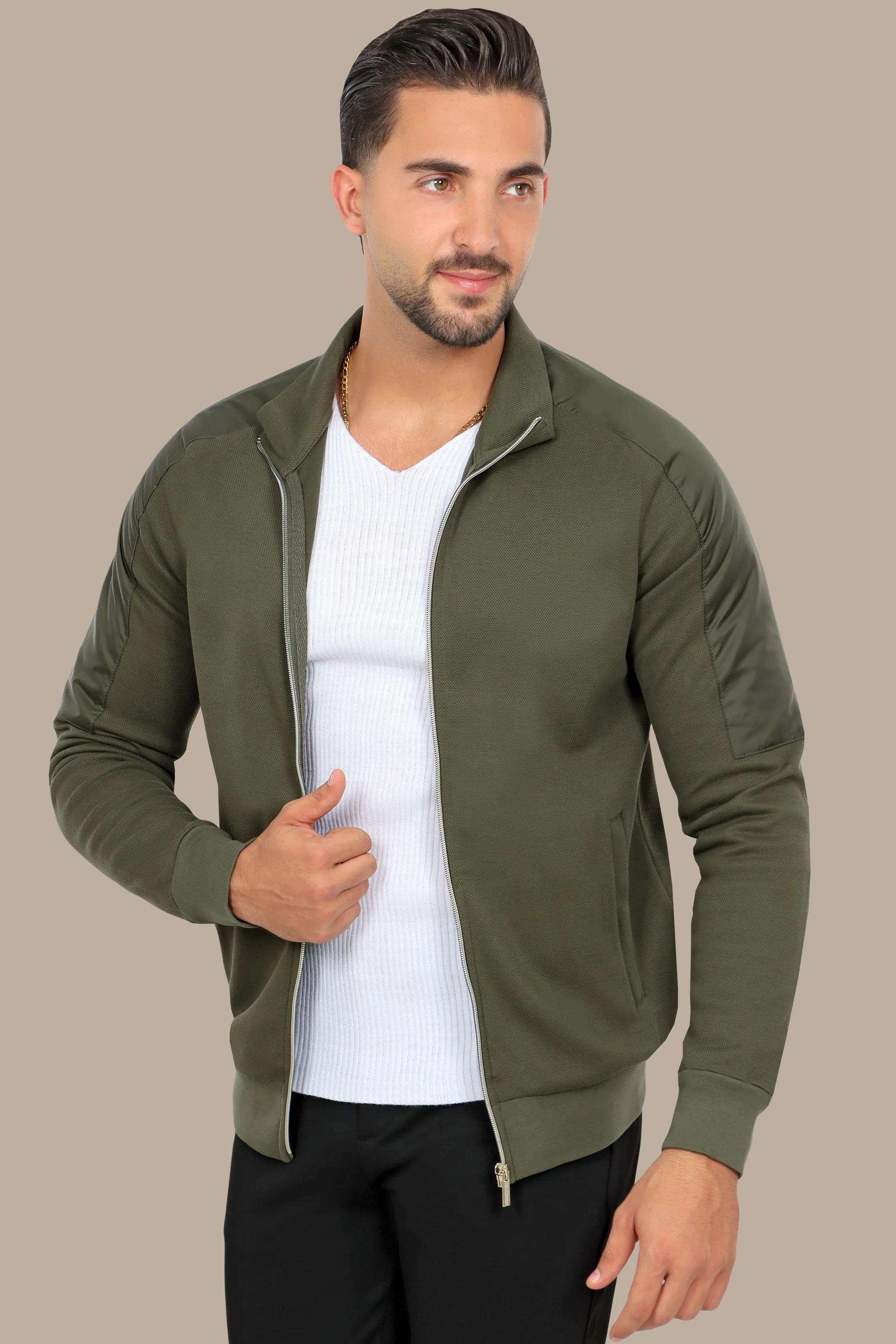 Khaki Full-Zip Cardigan with Mixed Shoulder Fabric