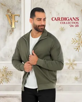 Khaki Full-Zip Cardigan with Mixed Shoulder Fabric