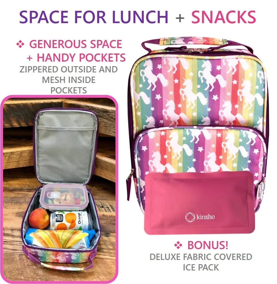 kinsho Unicorn Lunch Box for Girls with Ice Pack Cute Large Insulated Bag Pink Purple