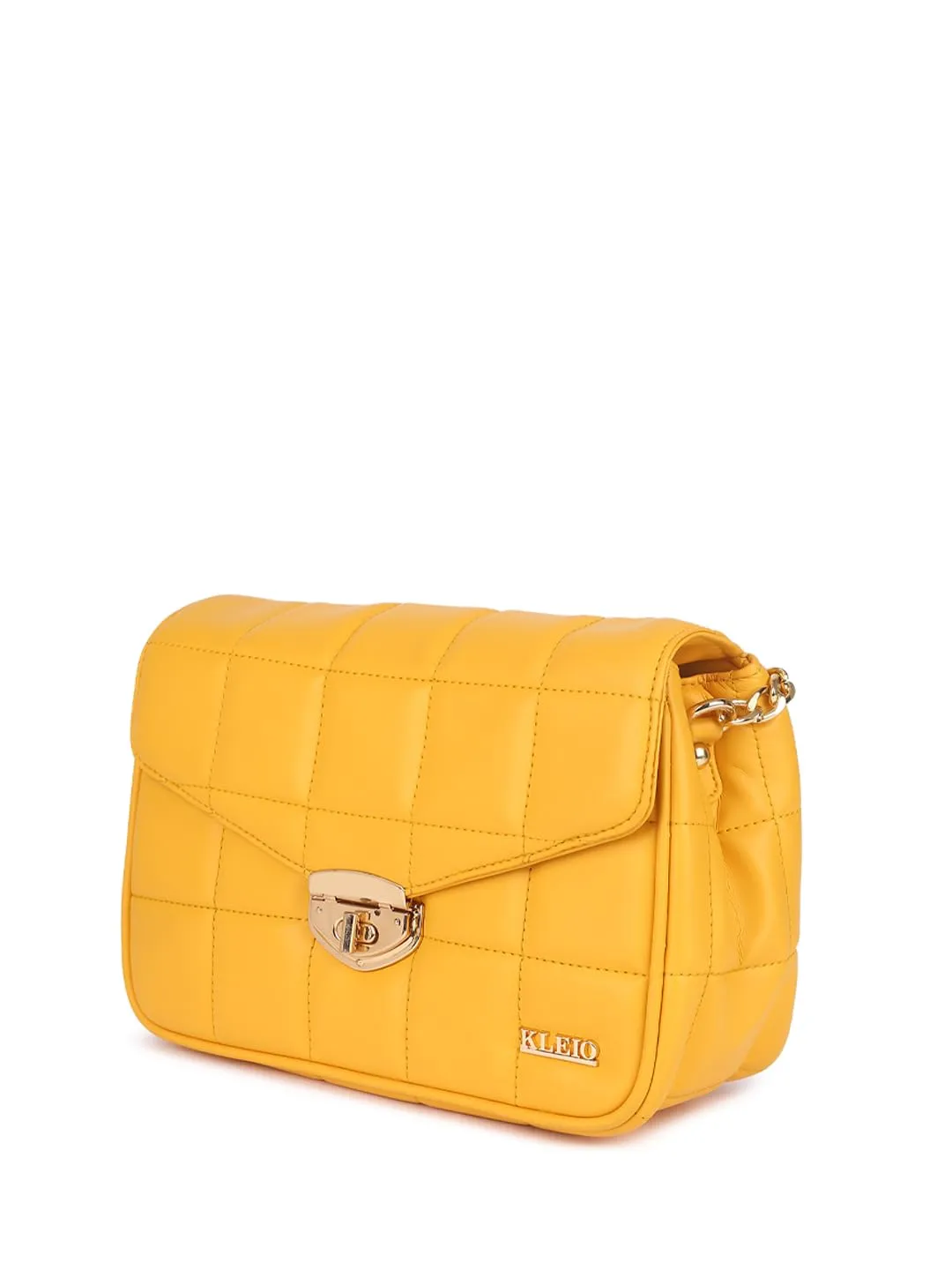 KLEIO Vegan Leather Quilted Elegant Sling Bag For Women with Flap Closure (Yellow) | Casual Crossbody Bag for Girls for Everyday Use | Suitable for Parties, Functions, College & Office