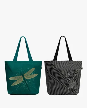 Large Zipper Tote Bag - Spectacular DragonFly and Mesmerizing Stingray