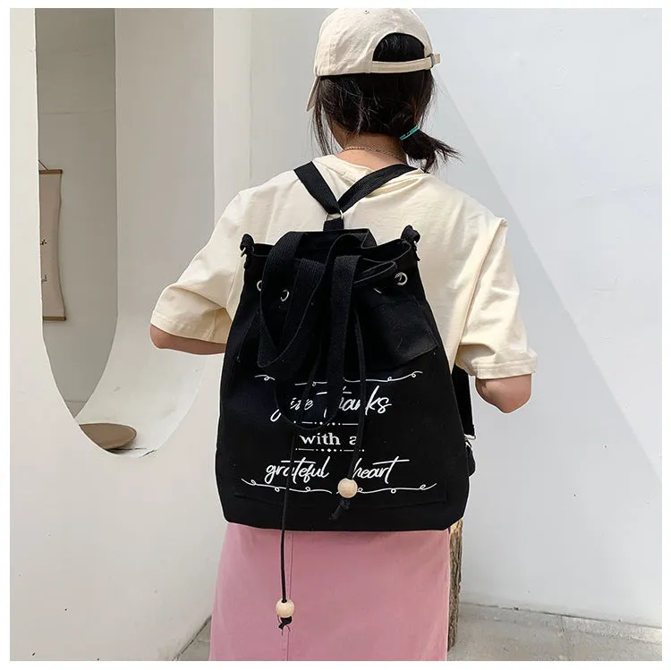 Letter Print Canvas Shoulder Bag with Drawstring