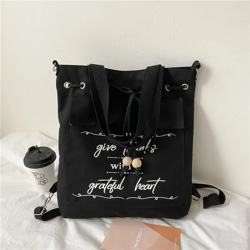 Letter Print Canvas Shoulder Bag with Drawstring