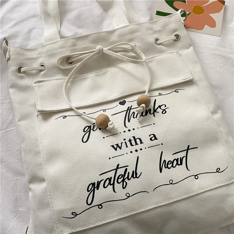 Letter Print Canvas Shoulder Bag with Drawstring