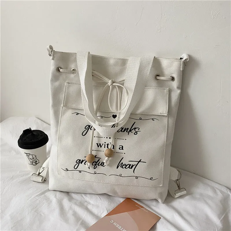 Letter Print Canvas Shoulder Bag with Drawstring