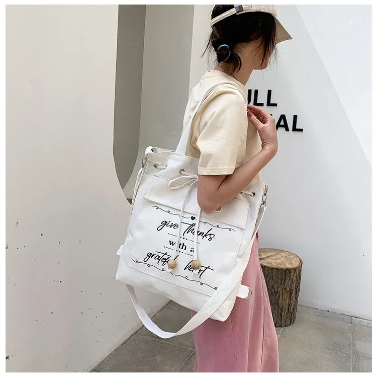 Letter Print Canvas Shoulder Bag with Drawstring