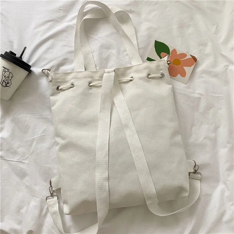 Letter Print Canvas Shoulder Bag with Drawstring