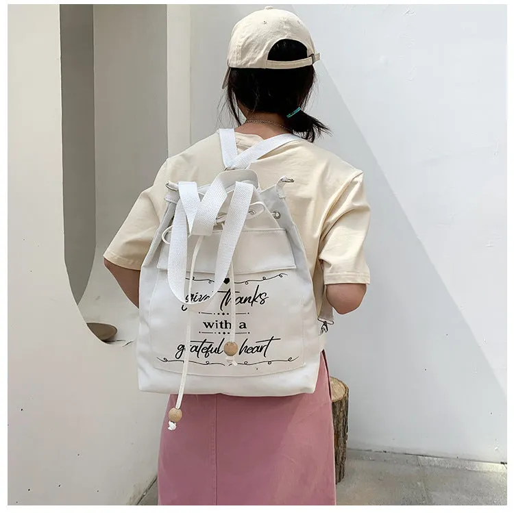 Letter Print Canvas Shoulder Bag with Drawstring