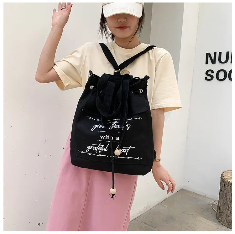 Letter Print Canvas Shoulder Bag with Drawstring