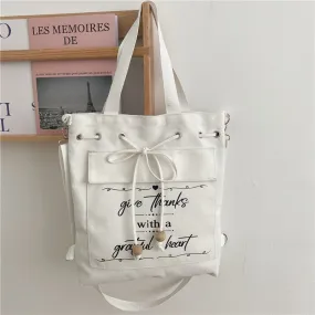 Letter Print Canvas Shoulder Bag with Drawstring