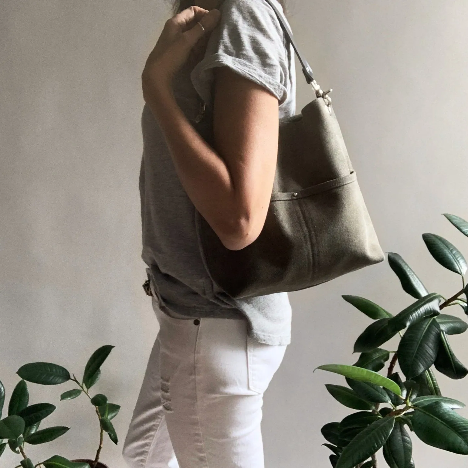 Medium Hobo Bag in Dark Charcoal Gray Canvas