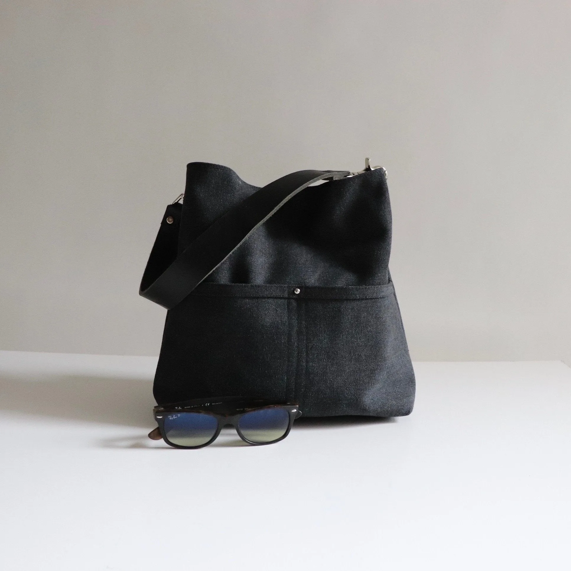 Medium Hobo Bag in Dark Charcoal Gray Canvas