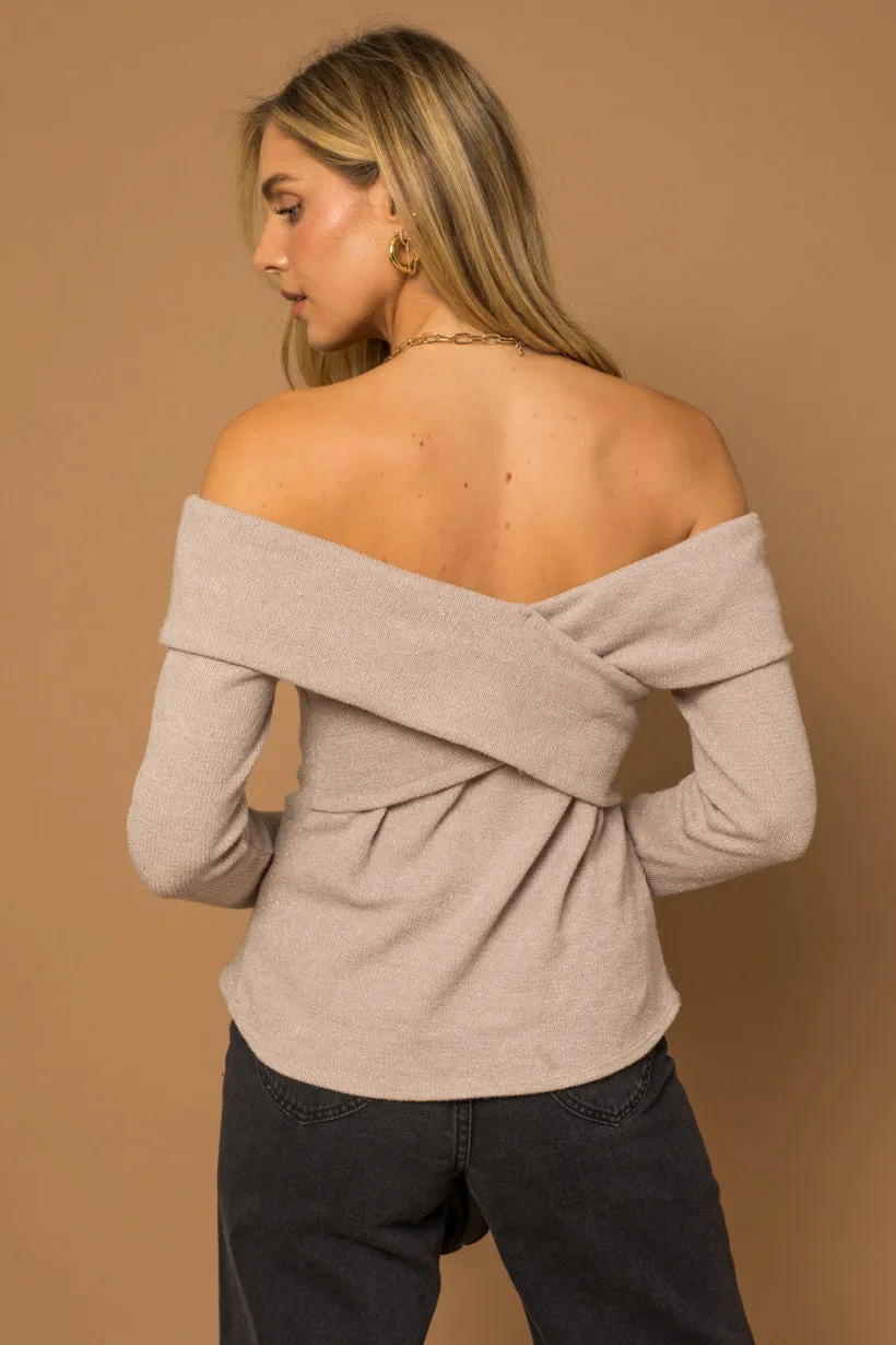 Nude Long Sleeve Off Shoulder Back Cross Glitter Rib Top