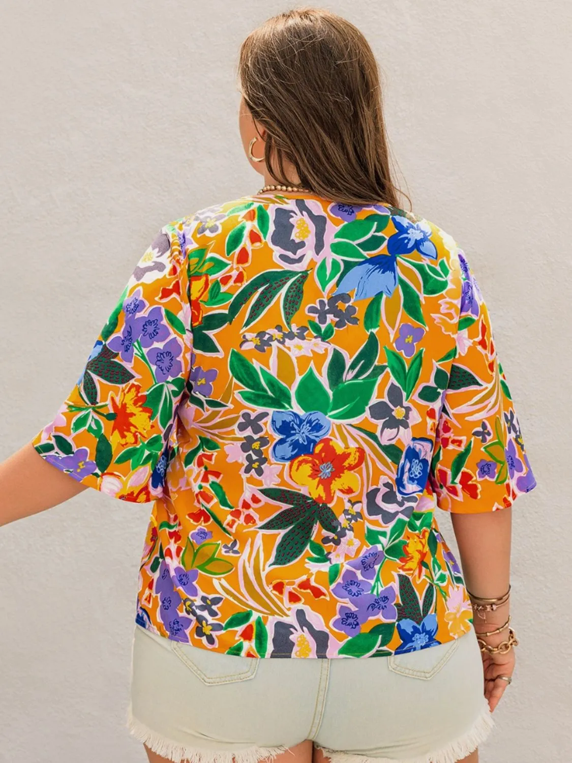 Plus Size Printed Tie Neck Half Sleeve Blouse