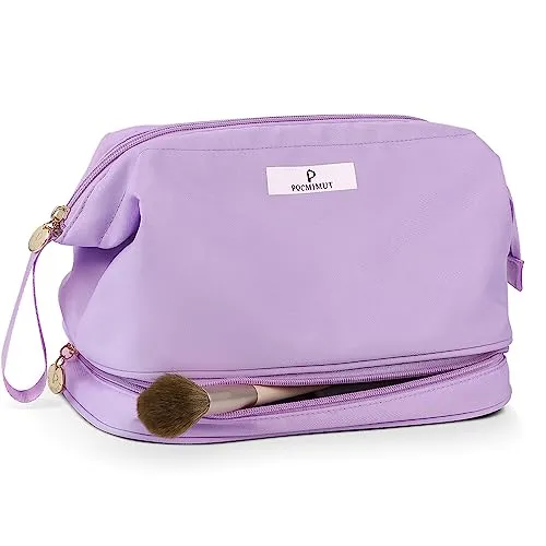 Pocmimut Travel Makeup Bag,Large Double Layers Cosmetic Bag Makeup Brush Bag Organizer Toiletry Bag Makeup Bag for Women(Purple)