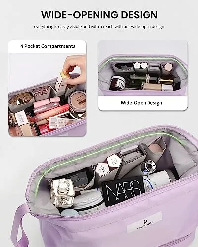 Pocmimut Travel Makeup Bag,Large Double Layers Cosmetic Bag Makeup Brush Bag Organizer Toiletry Bag Makeup Bag for Women(Purple)