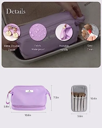 Pocmimut Travel Makeup Bag,Large Double Layers Cosmetic Bag Makeup Brush Bag Organizer Toiletry Bag Makeup Bag for Women(Purple)