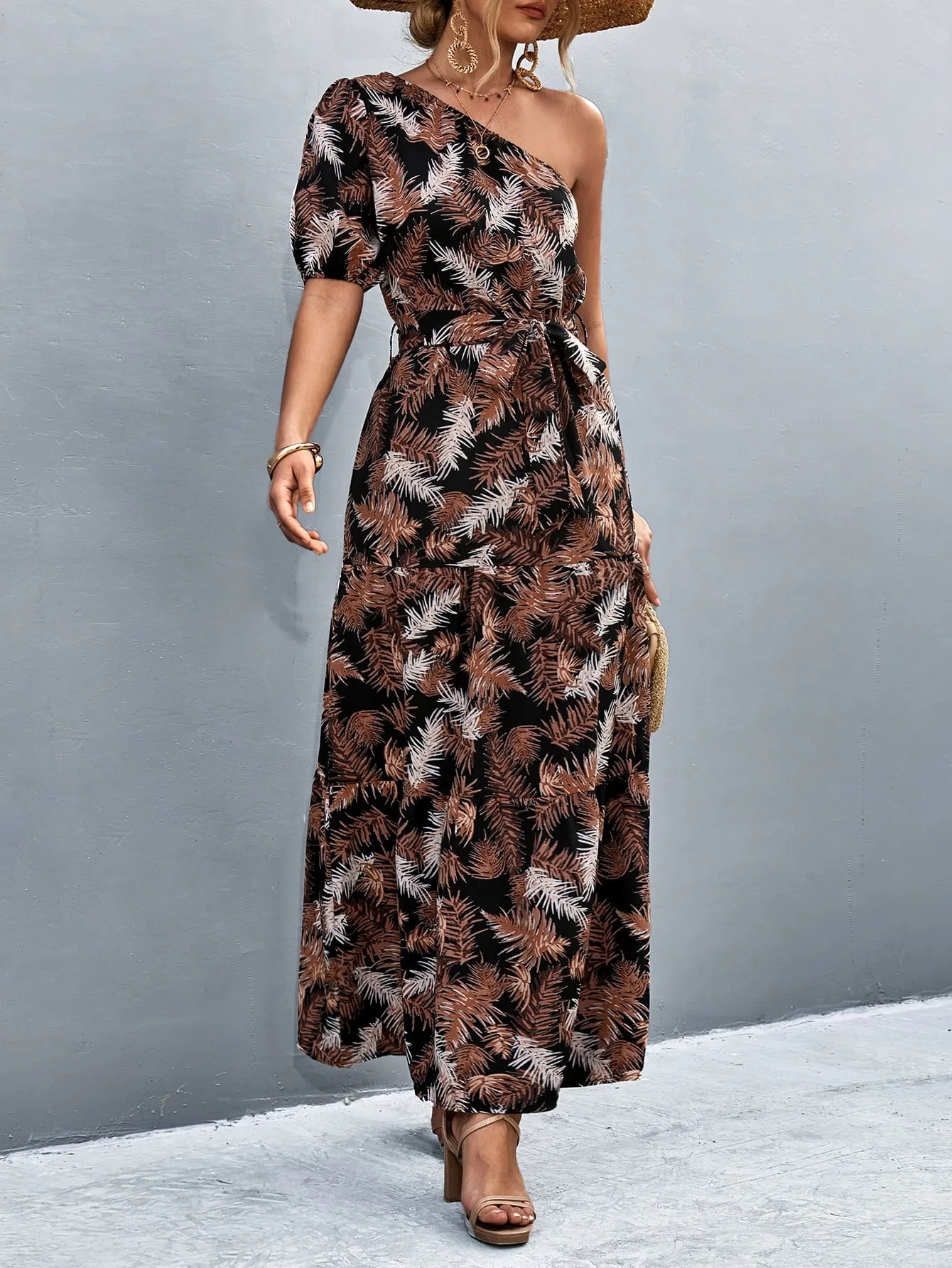 Printed Tie Waist One Shoulder Maxi Dress