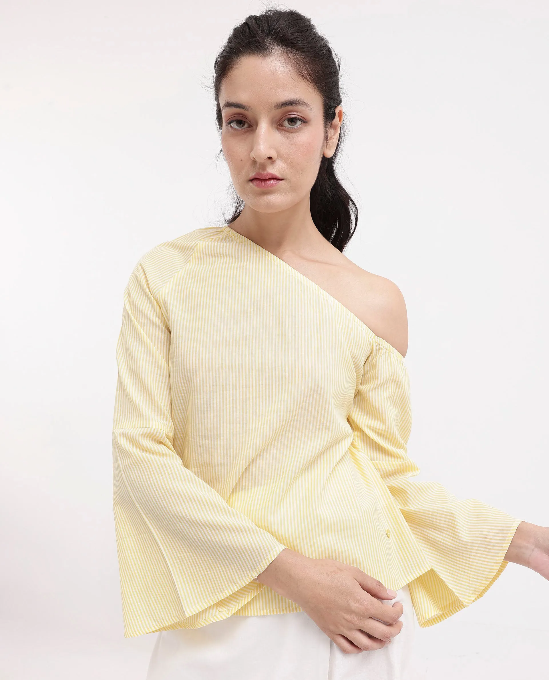 Rareism Women Leighton Pastel Yellow Cotton Fabric Full Sleeve One Shoulder   Stripe Top