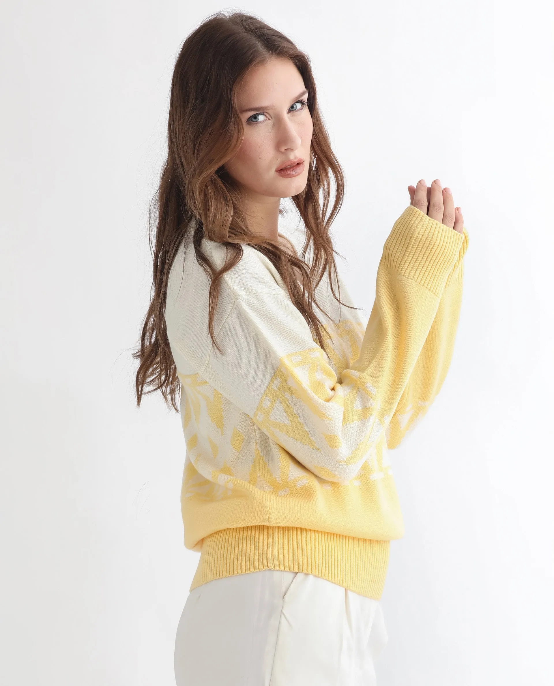 Rareism Women Ronnie Yellow Acrylic Fabric Full Sleeves Relaxed Fit Color Blocked V-Neck Sweater