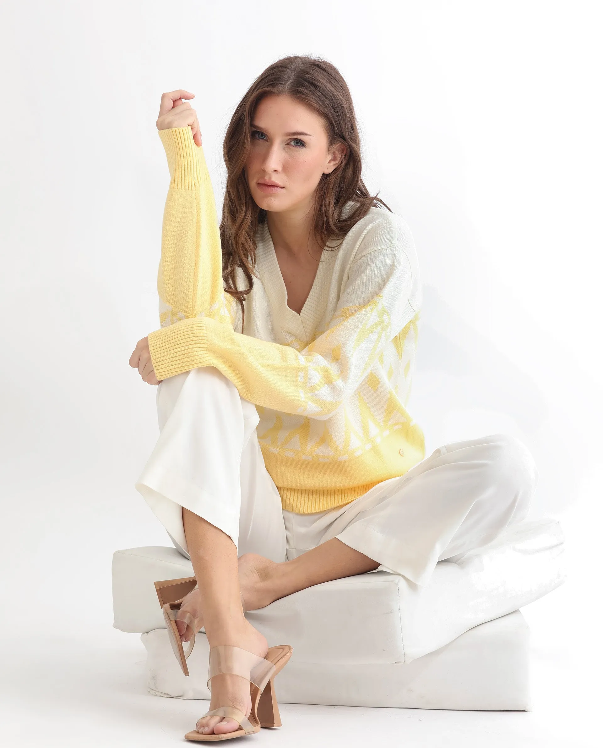 Rareism Women Ronnie Yellow Acrylic Fabric Full Sleeves Relaxed Fit Color Blocked V-Neck Sweater