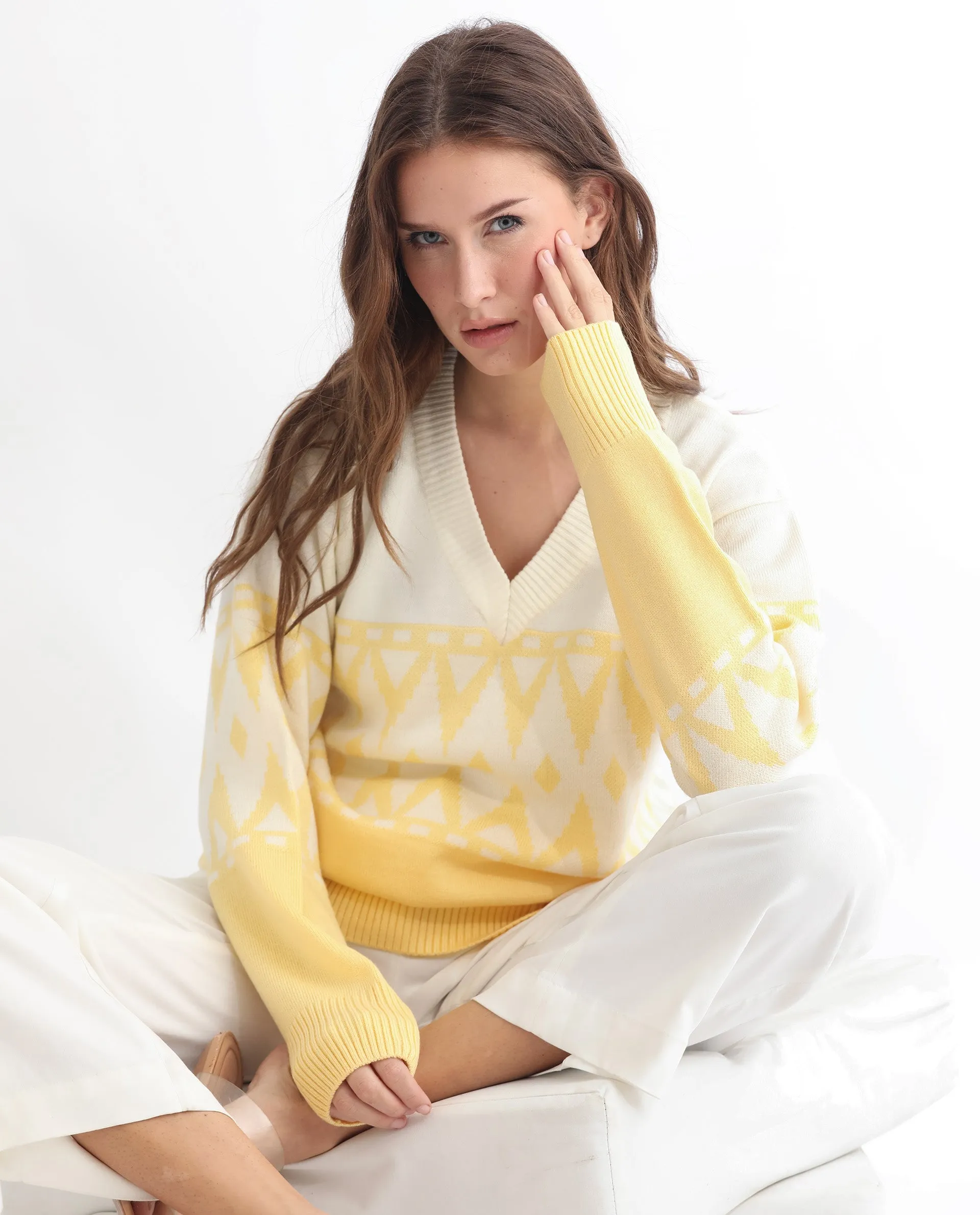 Rareism Women Ronnie Yellow Acrylic Fabric Full Sleeves Relaxed Fit Color Blocked V-Neck Sweater