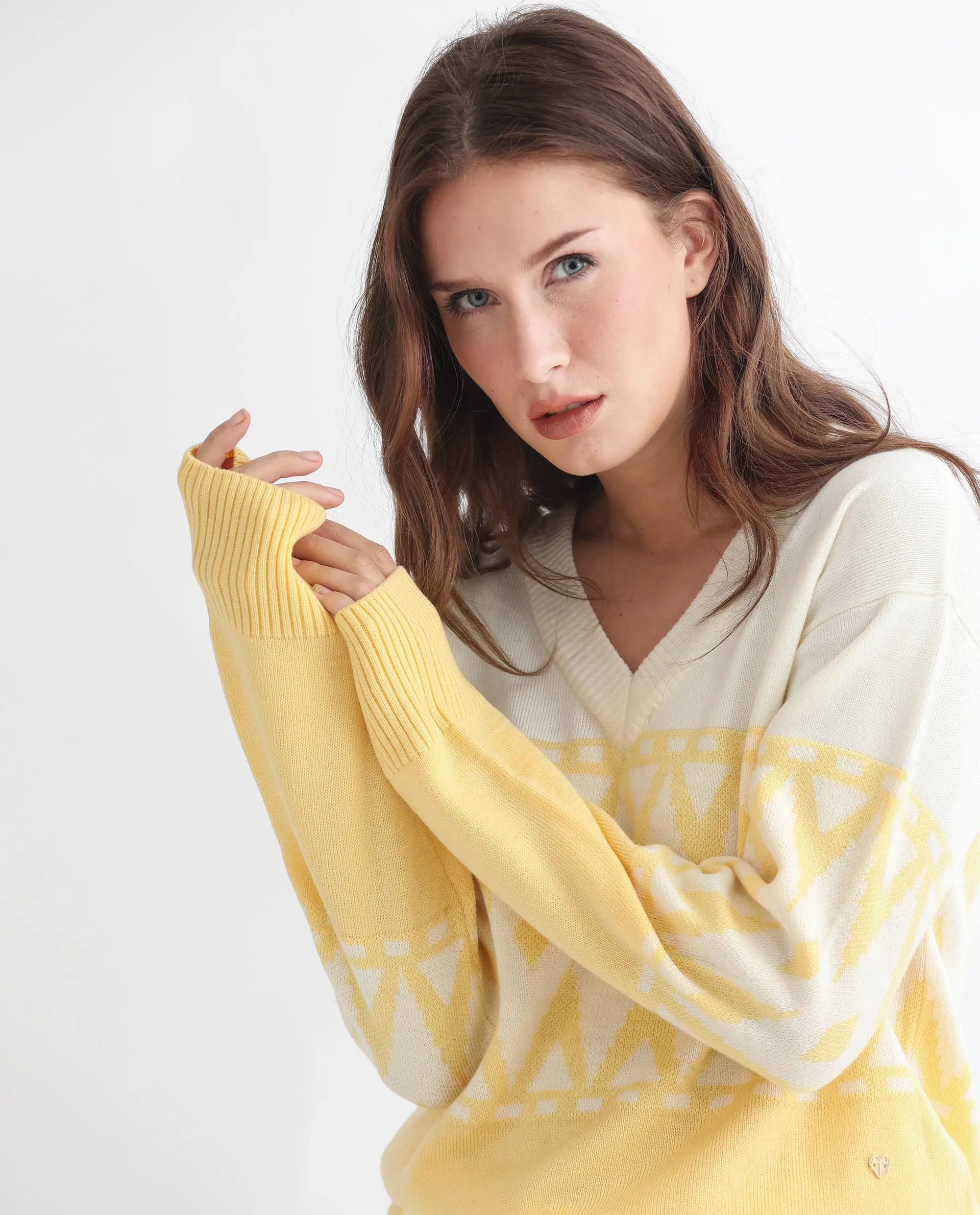 Rareism Women Ronnie Yellow Acrylic Fabric Full Sleeves Relaxed Fit Color Blocked V-Neck Sweater