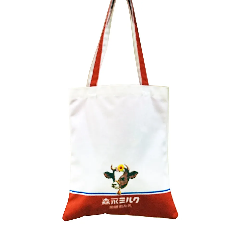 Sakamoto Morinaga milk canvas handbag, condensed milk style, strawberry style, daily necessities, casual shoulder bag