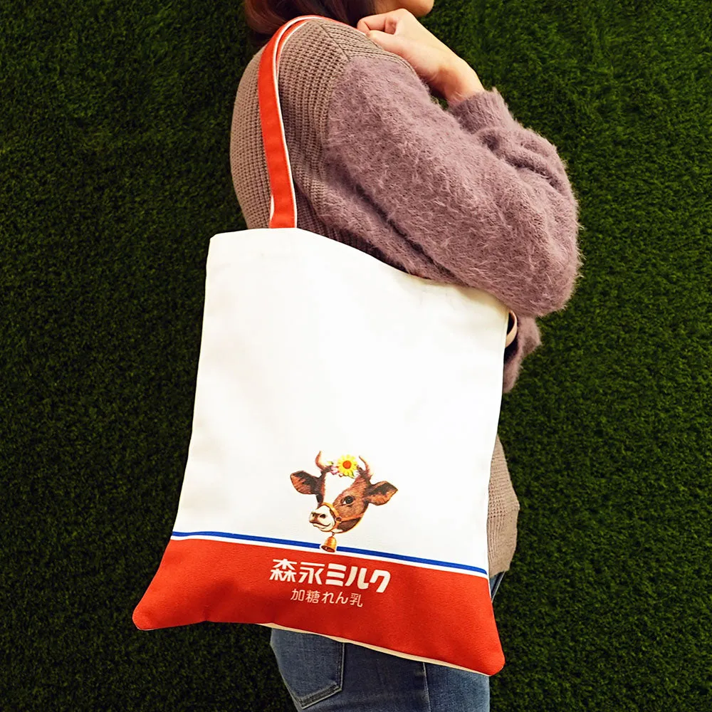 Sakamoto Morinaga milk canvas handbag, condensed milk style, strawberry style, daily necessities, casual shoulder bag