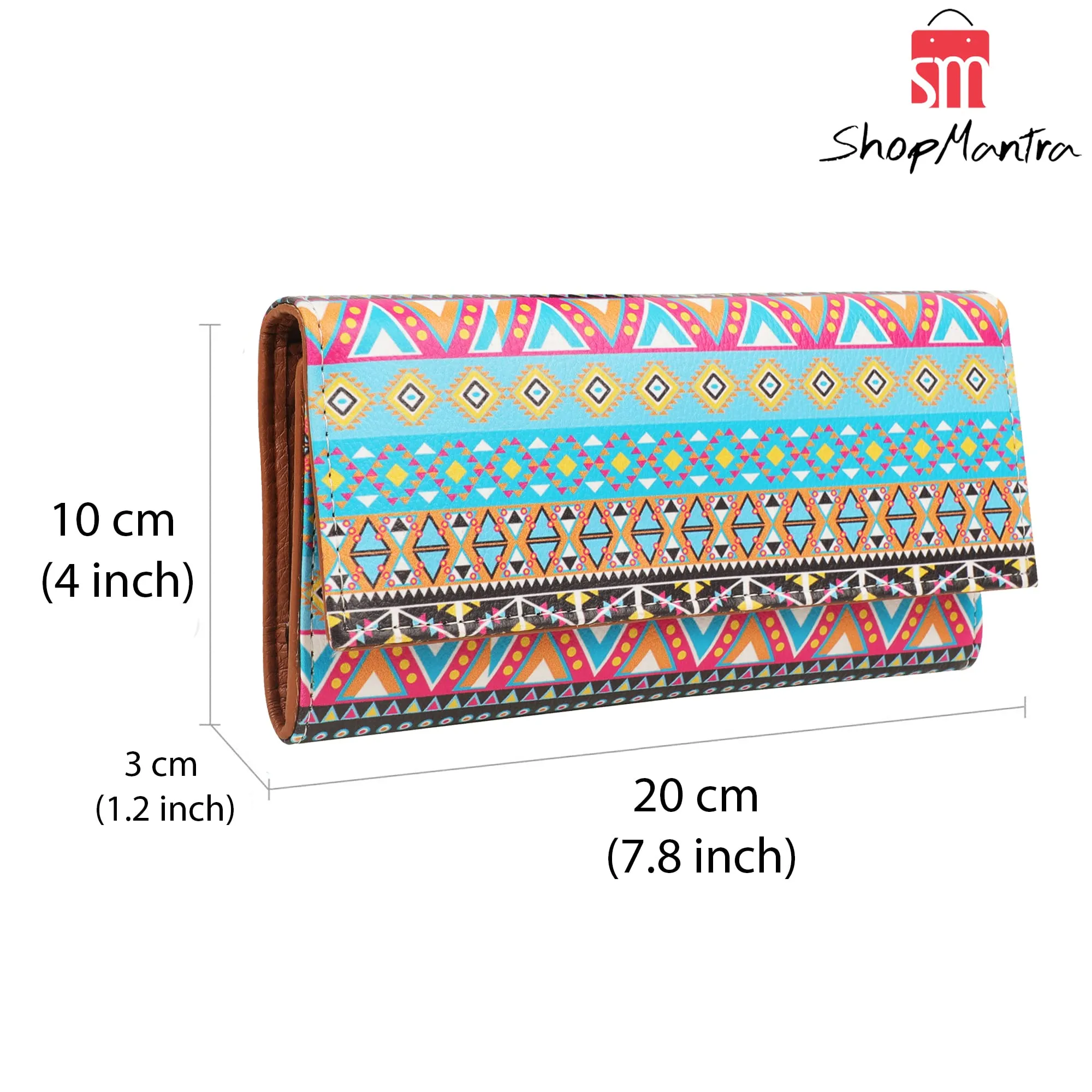 ShopMantra Women's Wallet Unique Print | Clutch | Vegan Leather | 11 Cards 1 ID Slot | 2 Notes and 1 Coin Compartment | Key Holder | Magnetic Closure | Multicolor-Ethnic Pattern