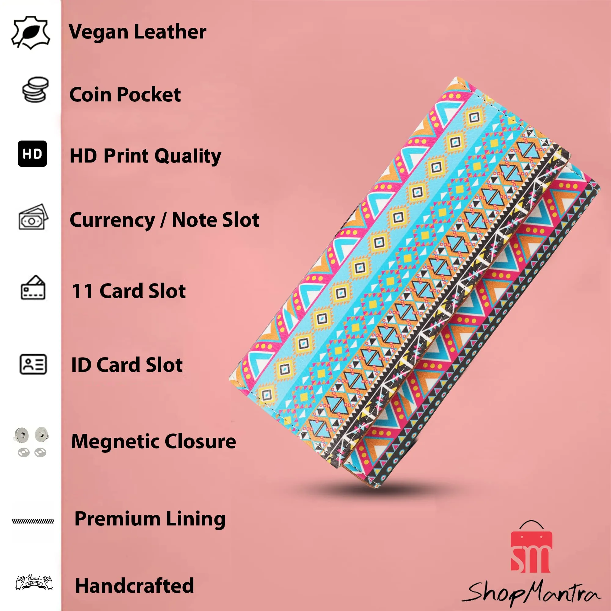 ShopMantra Women's Wallet Unique Print | Clutch | Vegan Leather | 11 Cards 1 ID Slot | 2 Notes and 1 Coin Compartment | Key Holder | Magnetic Closure | Multicolor-Ethnic Pattern